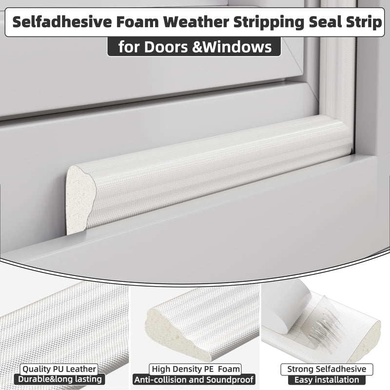 9.8 Ft Weather Stripping Seal Strip for Doors/Windows,Soundproofing Window Insulation Draft Stopper for Winter, Selfadhesive Foam Weather Strip for Door Frame,Door Gap Filler Noise Blocker(White) 9.8 feet White