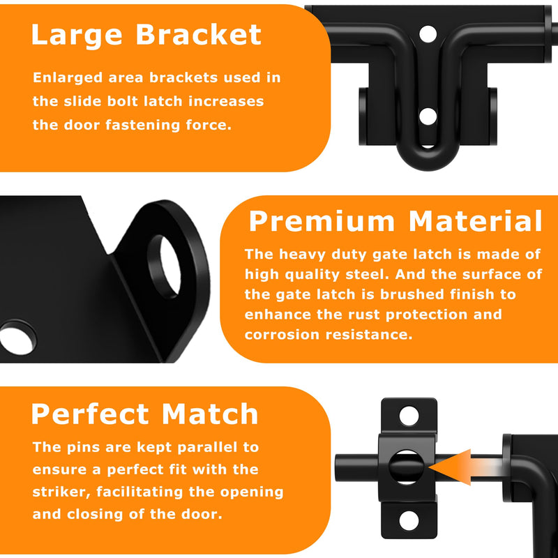 6.4 Inch Heavy Duty Slide Bolt Latch, Bi-Directional Gate Latch with Protective Coating, Solid Hardware Thickened Bolt Latch for Left or Right Hand Swinging and Sliding Doors-4 Pack 4