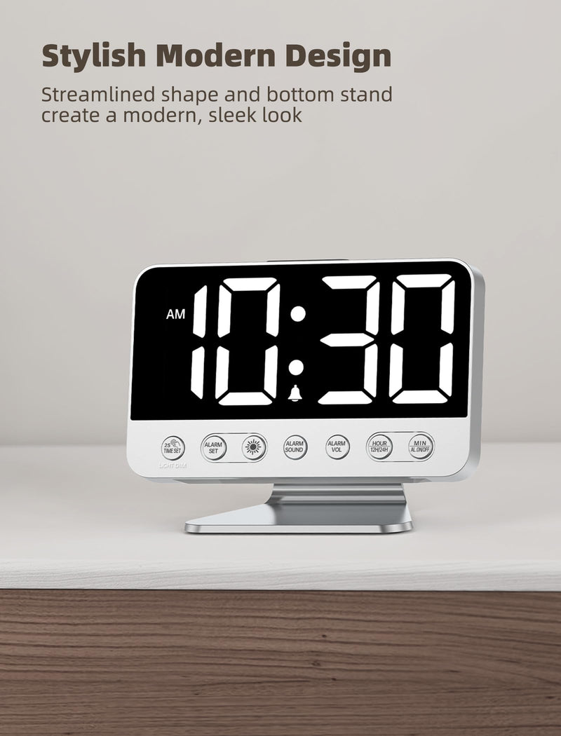 Digital Alarm Clocks for Bedrooms: Large Bold Number 5 Brightness Dimmer - Easy to Read Across The Room - 5 Alarm Sound 8 Night Light - Silver Silver - White Digits
