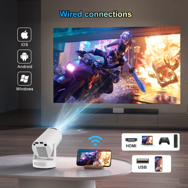 Mini Projector 4K support with Dual-Band WIFI6 5G Wireless 5.4 Bluetooth Android 11, Soundbase Speaker, Auto Vertical Keystone 180°Rotatable Portable Projector for Home Bedroom Outdoor White