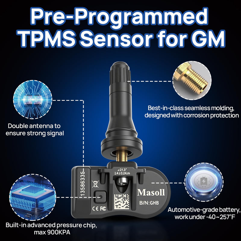 TPMS Sensor for GM, Tire Pressure Sensor for Chevy Silverado Buick Cadillac GMC, 2026 New Upgrade Tire Pressure Monitoring Sensor 4-Pack, Dual-Antenna Design Tire Sensor 4 Sensors