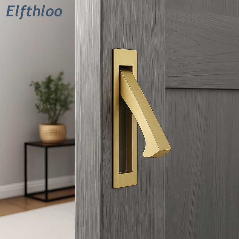 2 Pack Recessed Pocket Door Flush Mount Pull Handle, Elfthloo Stainless Steel Hidden Finger Design Sliding Door Hardware, Brushed Brass Finish, Edge Flush for Modern Furniture 2 Pack Brushed Gold