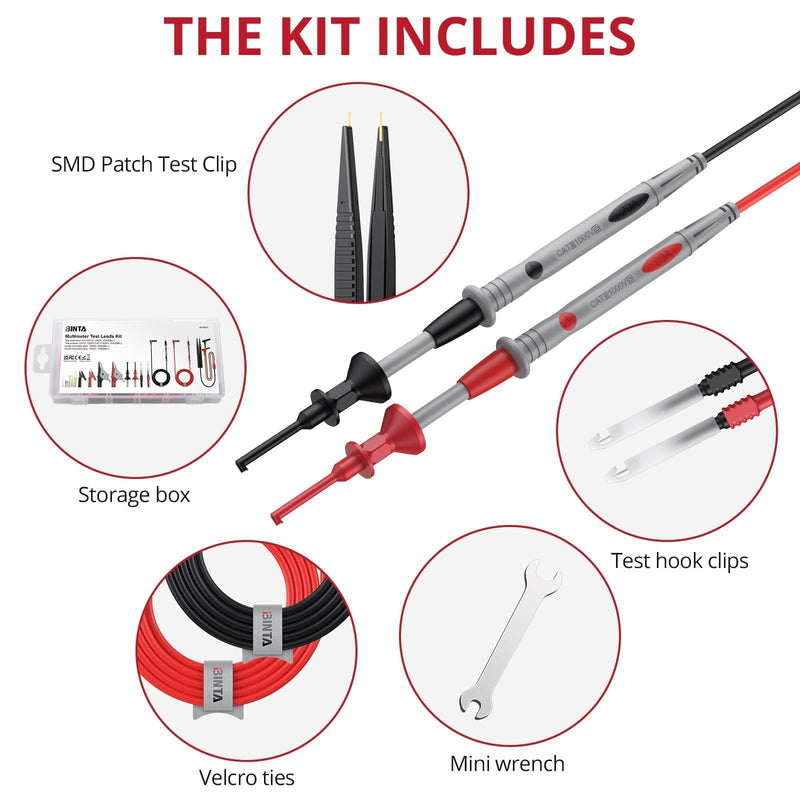 BINTA 25-Piece Silicone Multimeter Leads Kit CAT Ⅲ 1000V 20A with Replaceable Test Probes 4PCS Large/Medium Alligator Clips Tweezer, Professional Leads Kit for Industrial Car Home Electrical Testing 25PCS