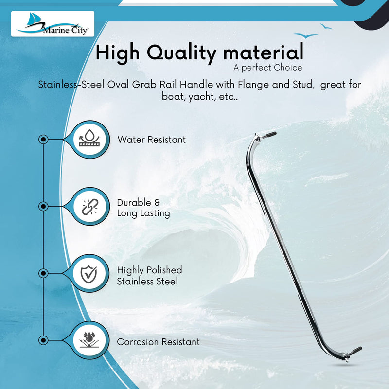 MARINE CITY Smooth Polished Stainless Steel Heavy Duty Oval Grab Bar Handle Hand Rail with Flange and Stud 18 Inches for Boats – Ships – Yachts – Kayaks – Hardware Accessories (Pack of 1)