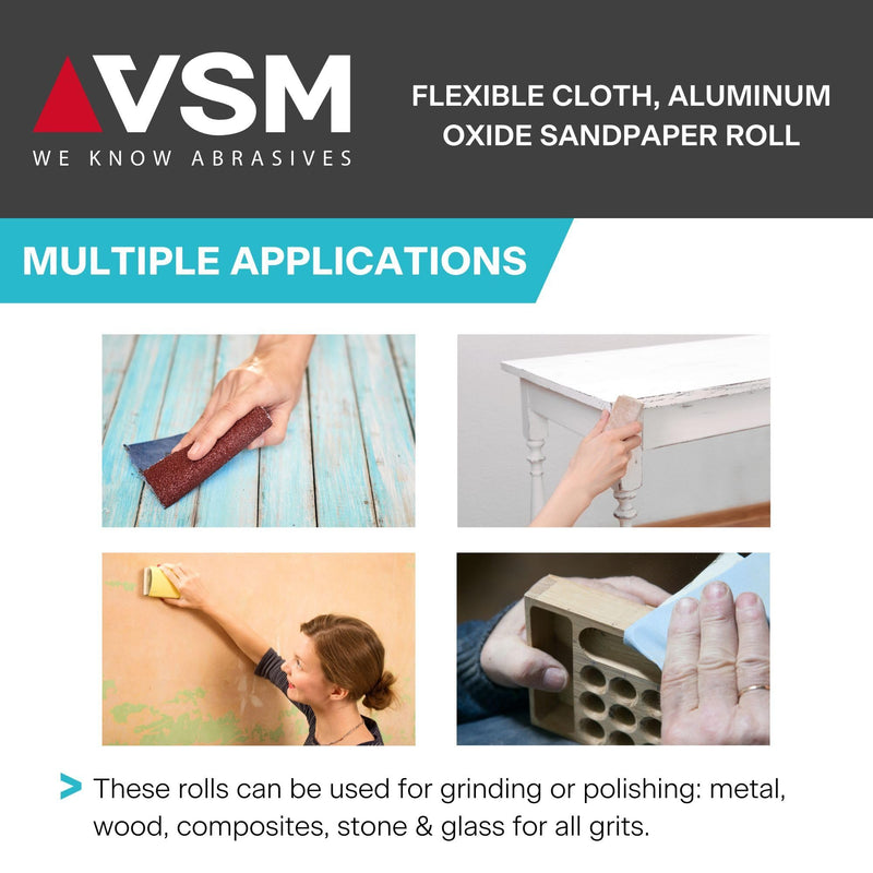 VSM 2" x 50yd (150'), 80 Grit (Medium) Aluminum Oxide Sanding Shop Roll, F-Weight Cotton Cloth Backed Sandpaper Roll for Hand Finishing, Woodworking, Metal Working, Polishing