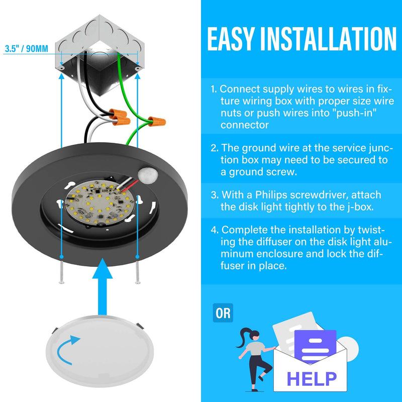 ZAGO LED 6" 120 Volts Closet Light Wired, PIR Motion Sensor Ceiling Disc Light for Closet, Laundry, Garage, Pantry, Wet Location, ETL, Black 5K-2 Pack