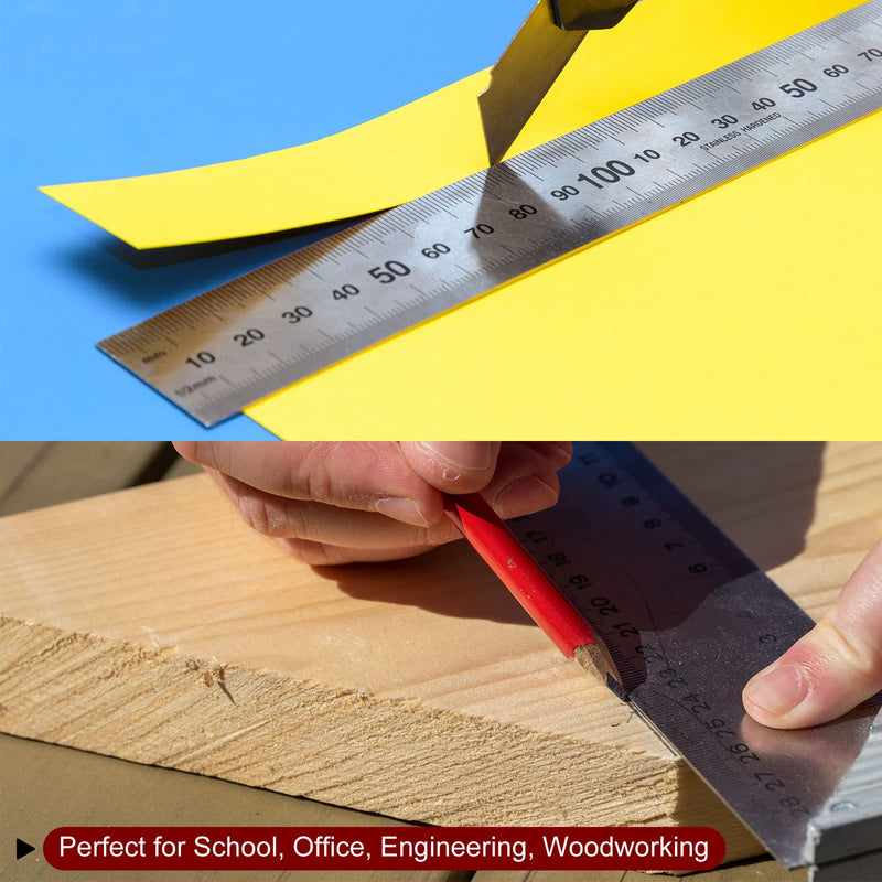 HARFINGTON 2pcs Stainless Steel Ruler 60cm/24 Length x 1/28" Thick x 1-1/7" Wide Inch and Metric Straight Edge Measuring Tools for Woodworking Painting Craft, Silver Tone 24"x1/28"x1-1/7" 2