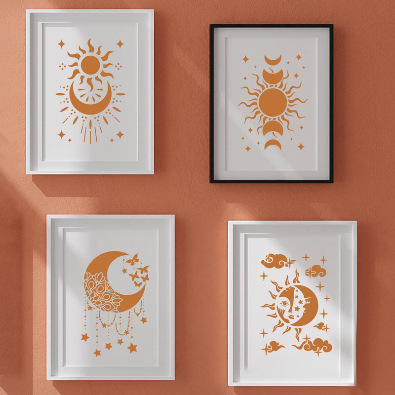 INFUNLY 9PCS/Set Sun Moon Wall Stencils for Painting 12x8 Mandala Tile Stencil Large Flower Star Concrete Floor Stencils Reusable Drawing Template for Painting Wood Canvas Furniture Patio Home Decor Star Moon Stencil