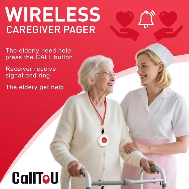CallToU Elderly Monitoring Call Button Wireless Caregiver Pager Smart Senior System with Light Personal Buzzer Alarm 2 Portable Transmitters 1 Plugin Receiver 2 call buttons + 1 receiver