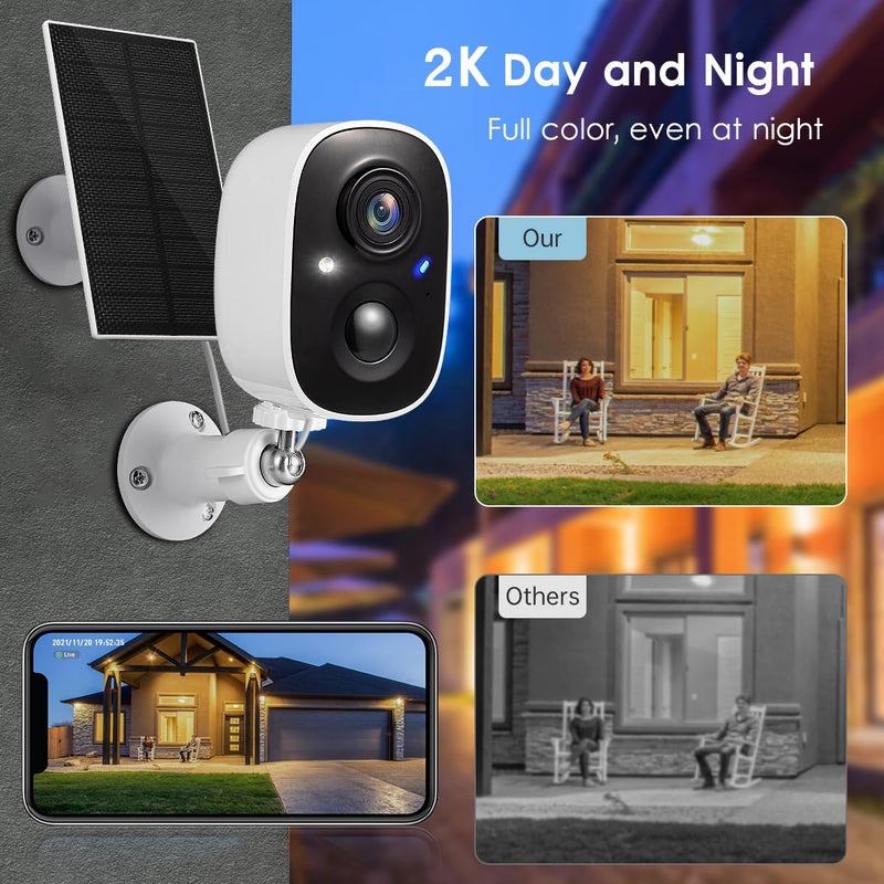 GMK Solar Security Camera Wireless Outdoor, with Solar Panel 2K Color Night Vision Motion Detection 2-Way Talk Battery Powered 3MP WiFi Home Indoor Camera IP65 Weatherproof Cloud/SD Storage White Solar Cam 1 Count (Pack of 1)