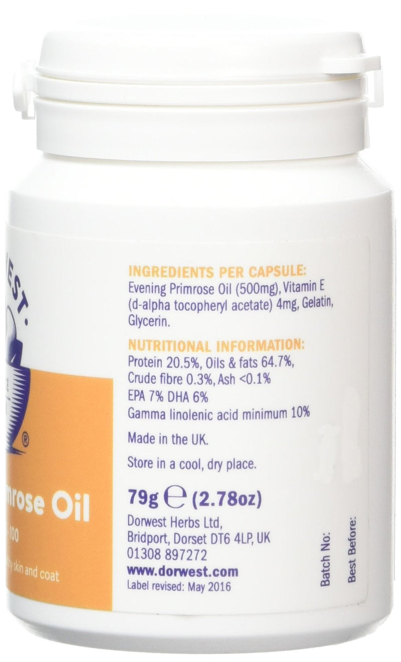 Dorwest Herbs Evening Primrose Oil Capsules for Dogs and Cats 100 Capsules 100 Count (Pack of 1) - PawsPlanet Australia