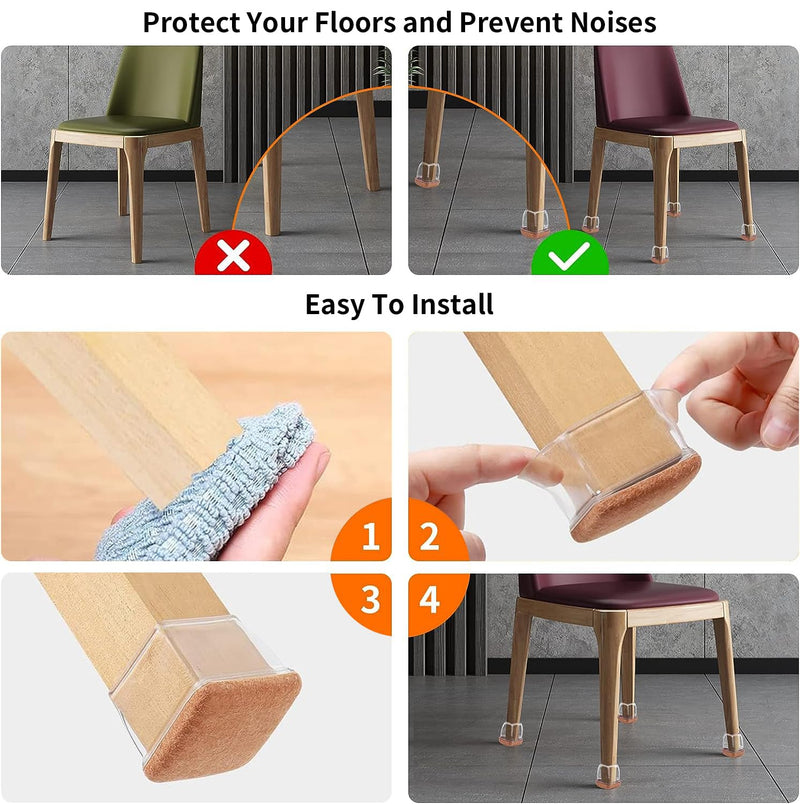 Ezprotekt 24 Pcs XL Square Clear Chair Leg Floor Protectors, Silicone Felt Furniture Pads Caps for Hardwood Floor, Dining Table Bar Stool Leg Protectors Leg Cups Covers (XL Fit: 1.5"-2") Clear-24pcs XL-Square