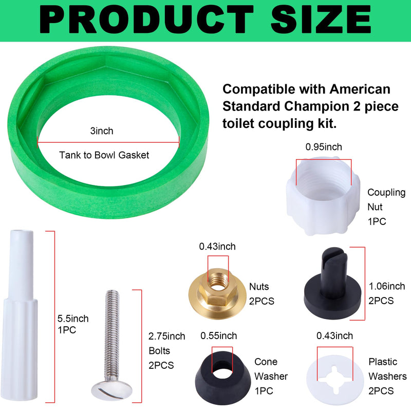 3'' Toilet Tank to Bowl Coupling Kit for American Standards Toilet Part Champion 4 AS738756-0070A,Toilet Tank Bolts Parts Kit Tank to Bowl Gasket Kit for Most 3'' Flush Valve Opening Tanks,with wrench Washer & Bolt Kit with wrench