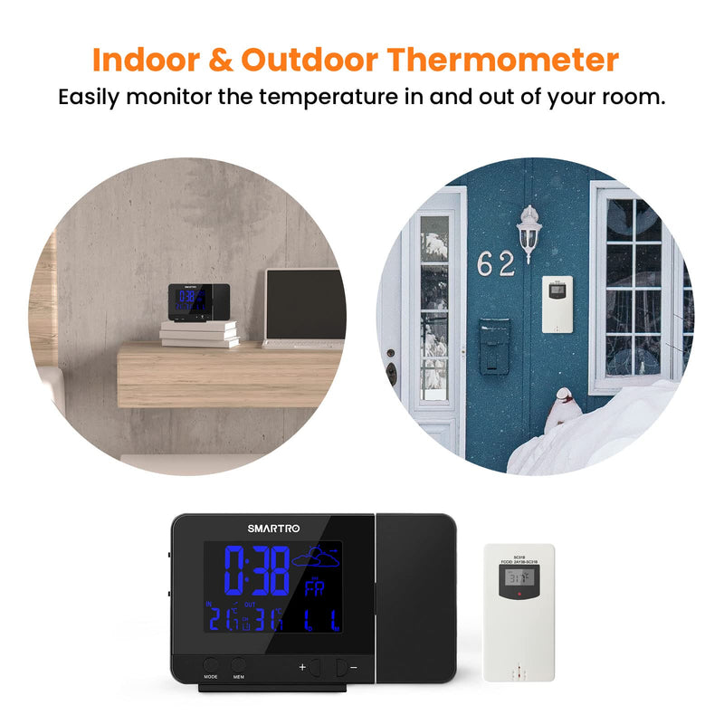 SMARTRO SC31B Digital Projection Alarm Clock with Weather Station, Indoor Outdoor Thermometer for Bedrooms, USB Charger, AC Battery Operated