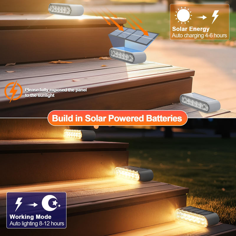 Solar Step Lights for Outside, 8-Pack Stair Light Outdoor Waterproof IP67, 14 LED Warm White Light Solar Powered Lighting for Steps, Stairs, Deck, Patio, Walkway, Front Porch Decor Warm Light