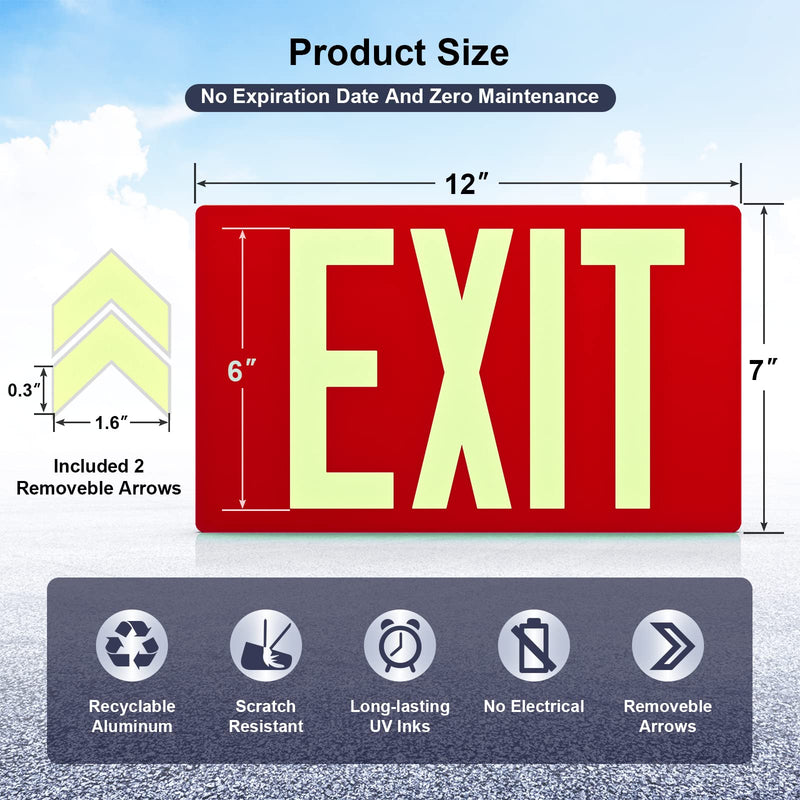 Photoluminescent Exit Sign Aluminum - Adhesive Backing Glow In The Dark - Removable Arrows Included - 12x7 Inches - Non Electrical Red Exit Light For 50 Feet Visibility (1 Pack) 1 Pack