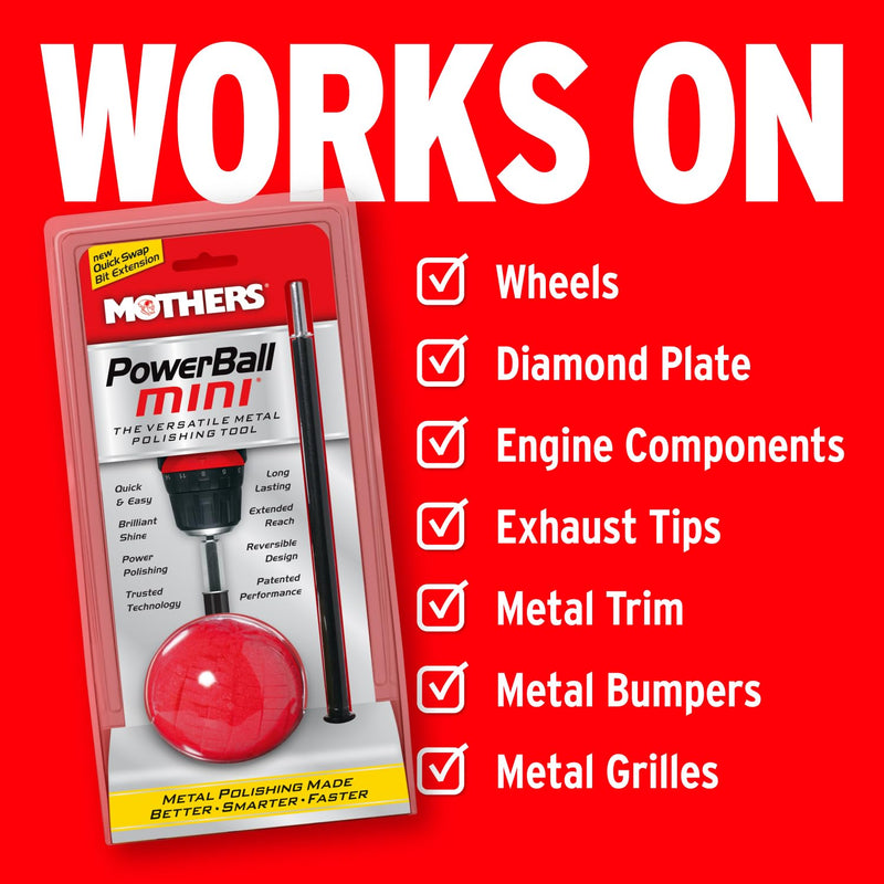 Mothers PowerBall Mini, Polishing Tool with 10” Quick Swap Bit – Drill-Powered, Cleans & Polishes Tight Areas on Wheels, Diamond Plate, Lenses, Engine Parts & More, Fast & Unmatched Shine (05141)