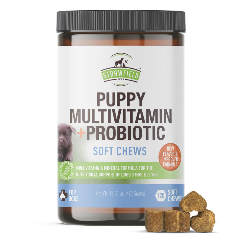 Strawfield Pets' Puppy Multivitamin + Probiotics for Dogs Puppy Vitamins with Joint Support Supplement for Dogs & Puppies Tasty Bacon Flavor 120 Soft Chews Hickory Bacon