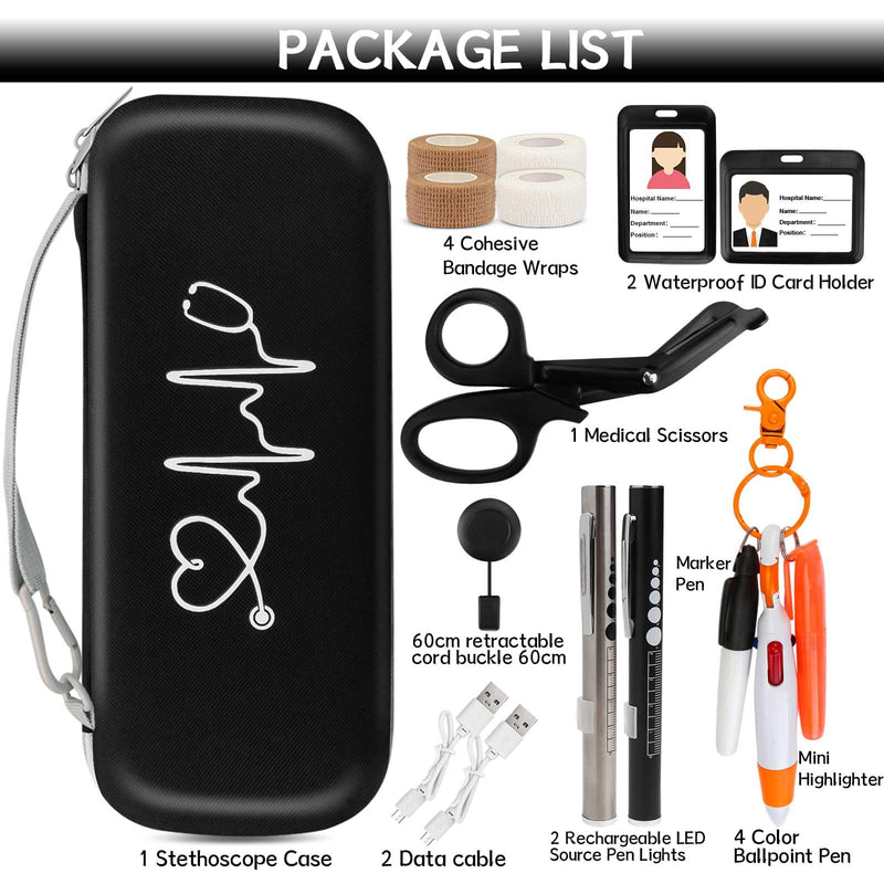 16 Pcs Stethoscope Case Kits, Stethoscope Case with Supplies Include 2 Pcs Rechargeable LED Pen Lights, Nurse Scissors, Nurse Pens, Bandage Wraps, Nurse Accessories, Perfect Nurse Gifts(Black) Black