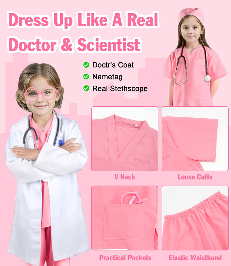 Doctor Costume For Kids With Real Stethoscope Kids Scrubs Halloween Costumes For Girls Boys Doctor Dress Up 9 Pcs Pink 5-6 years