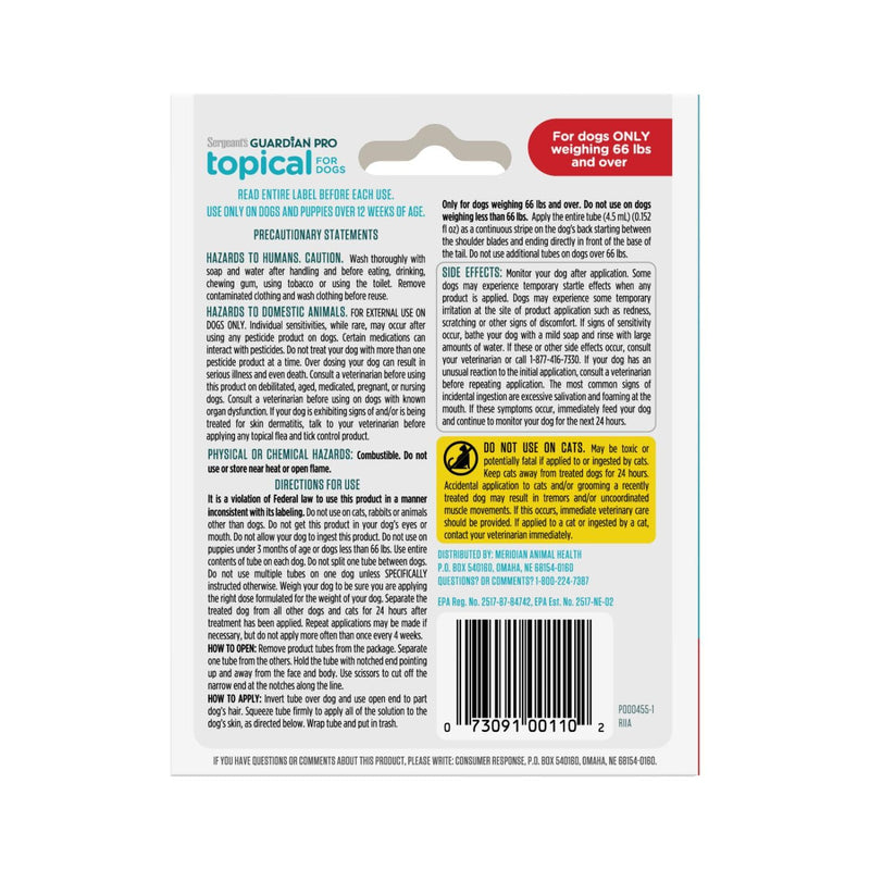 Sergeant's Guardian Pro Flea & Tick Squeeze On Topical for Dogs, 66+ lbs., 3 Count 3 Count Topical