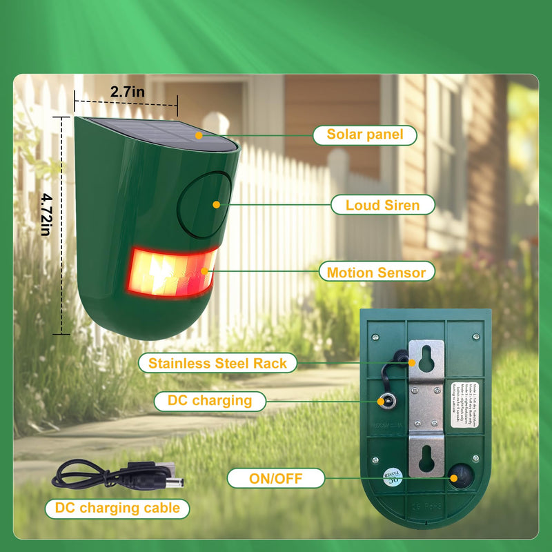 ChunHee Solar Motion Sensor Alarm Outdoor 4 Working Mode Motion Activated Alarm 129dB Loud Sound Noise Maker IP65 Waterproof Motion Detector with Strobe Light for Yard Farm Garden 4PC