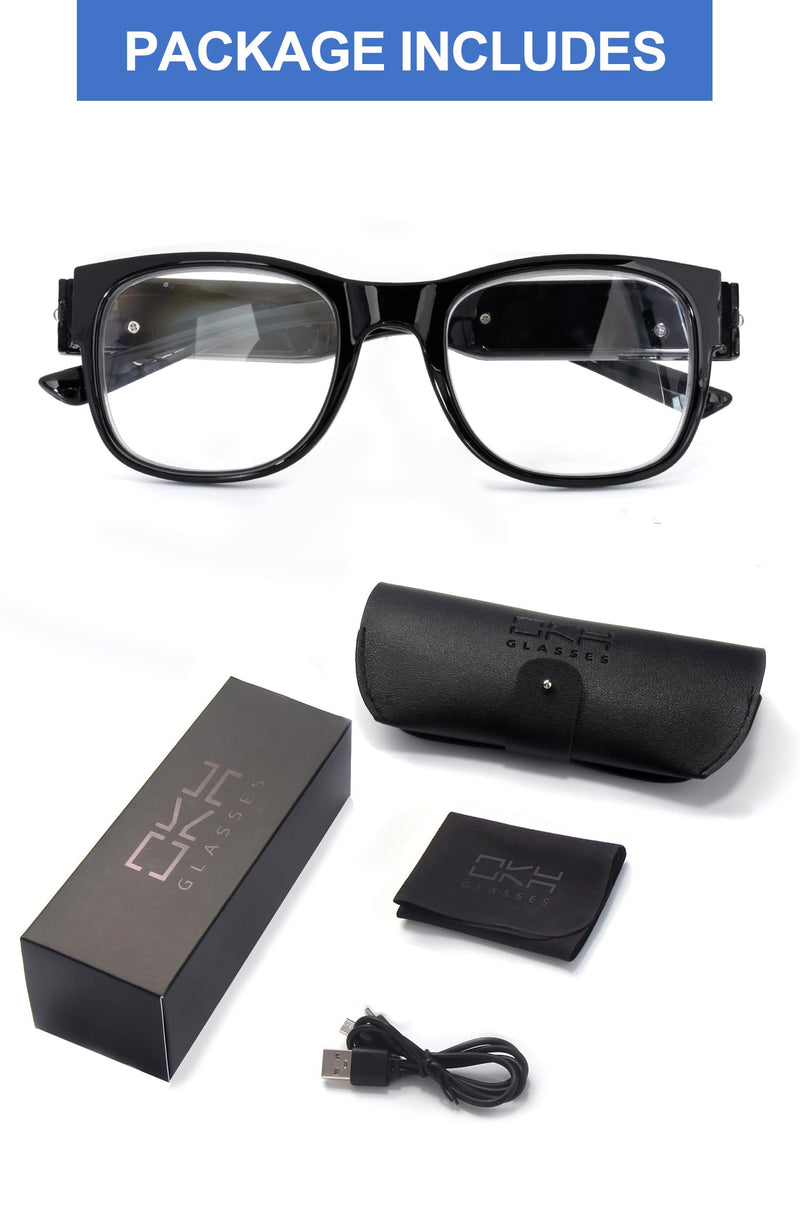OKH Lighted Rechargeable Reading Glasses - Clear Vision Hands Free LED Eyewear with Blue Light Readers Black 1.5 x