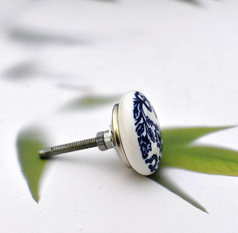 Beautiful Blue and White Ceramic Knobs - Set of 10 Decorative Floral Print Round Knobs Kitchen Cabinet Drawer Knobs | Elegant Wardrobe & Dresser Pulls with Glossy Finish (1.5-Inch Diameter)