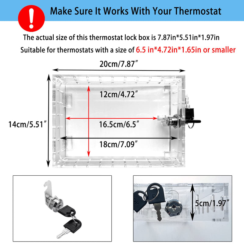 Universal Thermostat Lock Box with Key,Clear Large Thermostat Guard for Thermostat on Wall,Thermostat Guard,Thermostat Cover Fits Thermostats 6.5" H x 4.72" W x 1.97" D or Smaller (1 Set) A-2 key lock