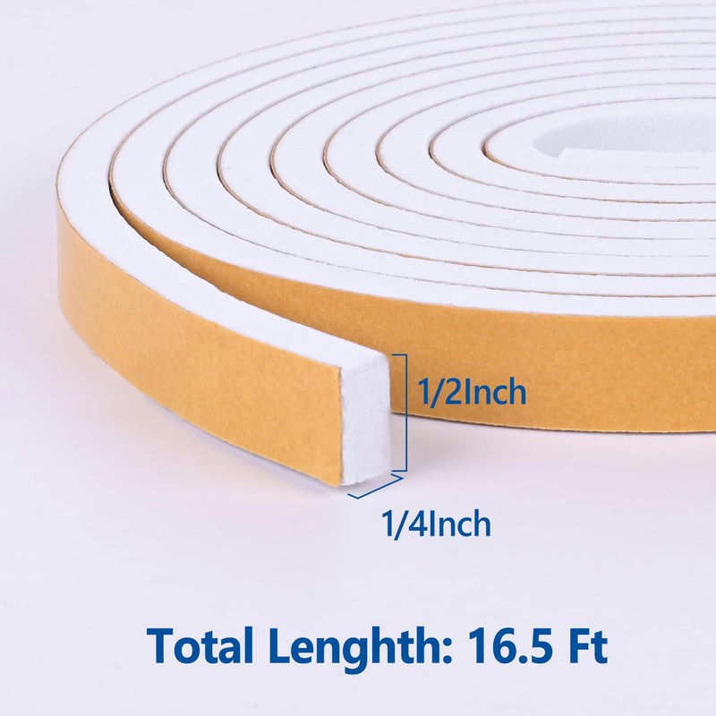 Self Adhesive Foam Tape Weatherstrip 1/2in x 1/4in x 16.5Ft High Density Foam Insulation Strips Foam Seal Weather Stripping with Strong Adhesive for Door and Window Sound Isolation Soundproofing