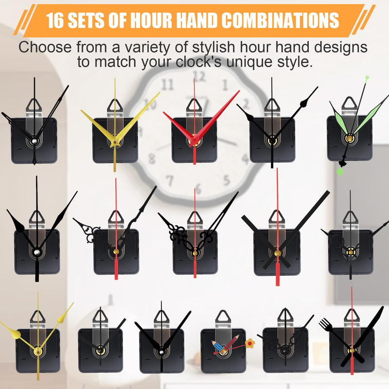 16 Pack Quartz Clock Movement Mechanism Kit, Silent Sweep Non-Ticking, 20mm Total Shaft (11mm Thread) Fits 3–6mm Dials, 16 Hand Styles, Hanging Hooks & Traceless Nails, DIY Wall Clock Repair 16-pack