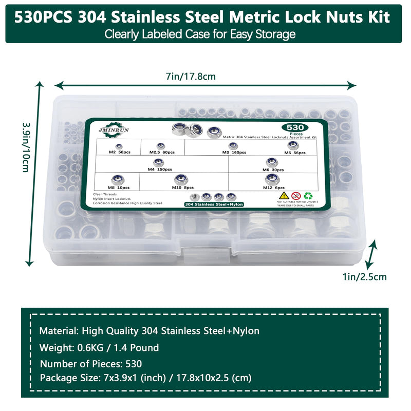 Metric Lock Nut Assortment Kit, 530PCS Nylon Insert Lock Nuts Set, 304 Stainless Steel Standard Thread Nylock Nuts for Bolt M2 M2.5 M3 M4 M5 M6 M8 M10 M12, Hex Lock Nuts Assortment Kit Metric 530PCS