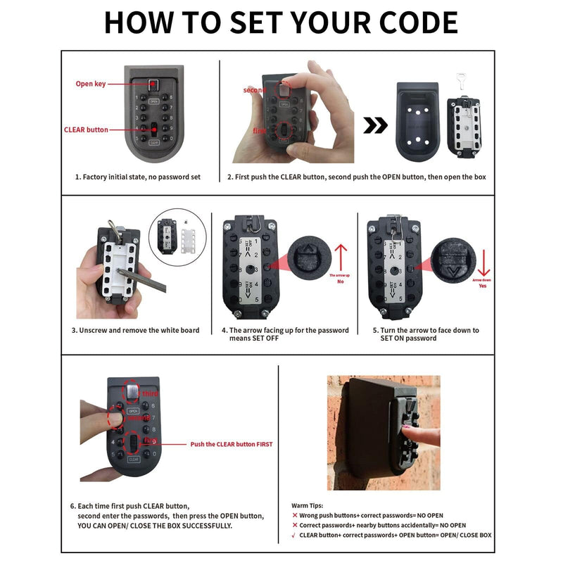 Indoor & Outdoor Key Lock Box Wall Mounted Push Button Combination Key Safe Storage Security Lock Box with Black Rubber Cover & Wall Bolt Fixings for 5 to 7 Mortise Style Keys