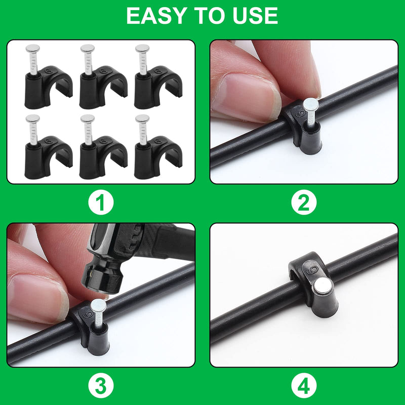 200pcs 1/4" / 6mm Half Clamp J-Hook with Nail, Nail in Cable Clips Ethernet Cable Nails Tacks Clips, Black 1/4" / 6mm, 200 PCS