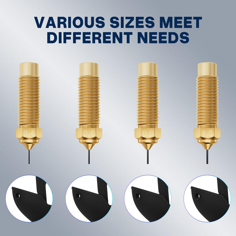 ELEGOO 10pcs Multi Size Nozzles for Neptune 4 Plus/4 Max 3D Printer, Brass Hotend Nozzles 0.4/0.6/0.8/1.0mm with Cleaning Kits Brass-Neptune 4 Plus/Max