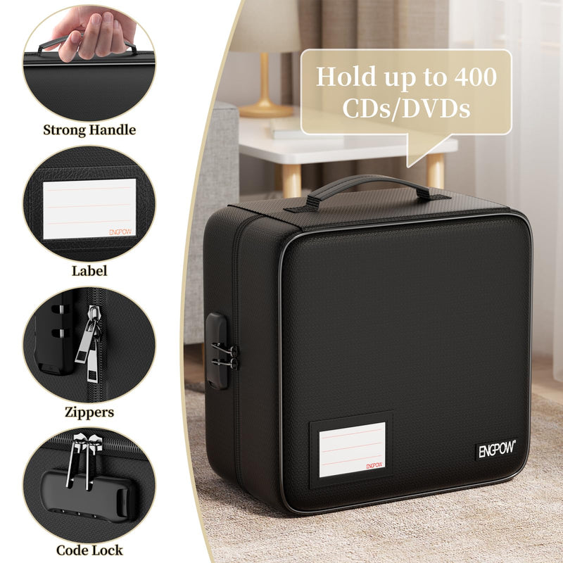 ENGPOW CD/DVD Storage Case with Lock,Fireproof CD/DVD Case Binder,400 Capacity CD Organizer Binder DVD Storage Holder with Zipper＆Handle,Portable Storage Binder Safe for Home Office Travel Car,Black 400 Capacity-with Lock