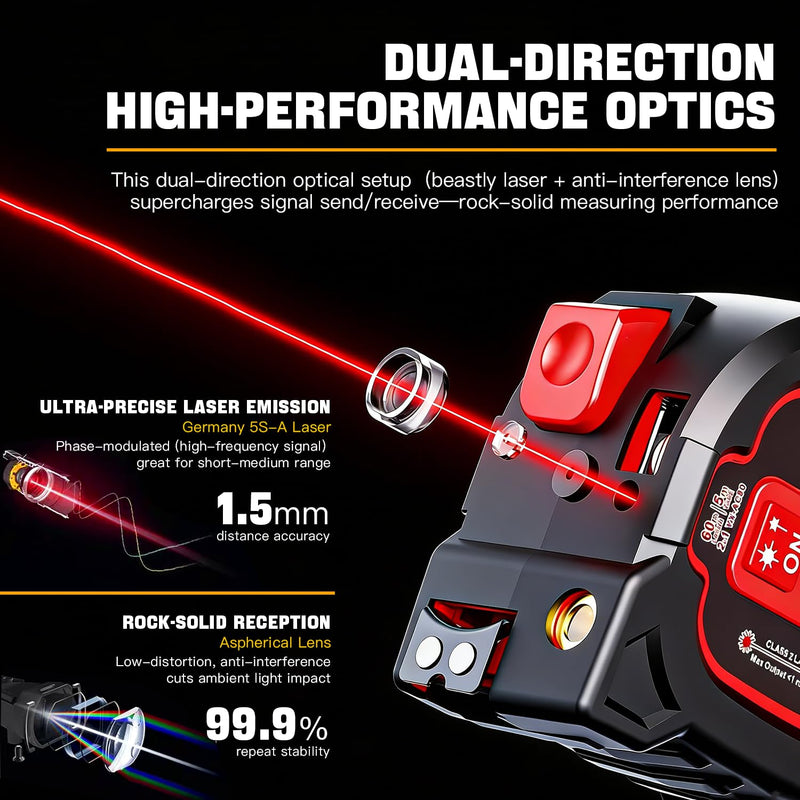 3-in-1 Laser Tape Measure - 196ft Max Laser Distance Meter & 16ft AutoLock Measuring Tape, ±1/16" Professional Precision, Type-C Rechargeable, Magnetic Hook, 6 Mode for Construction