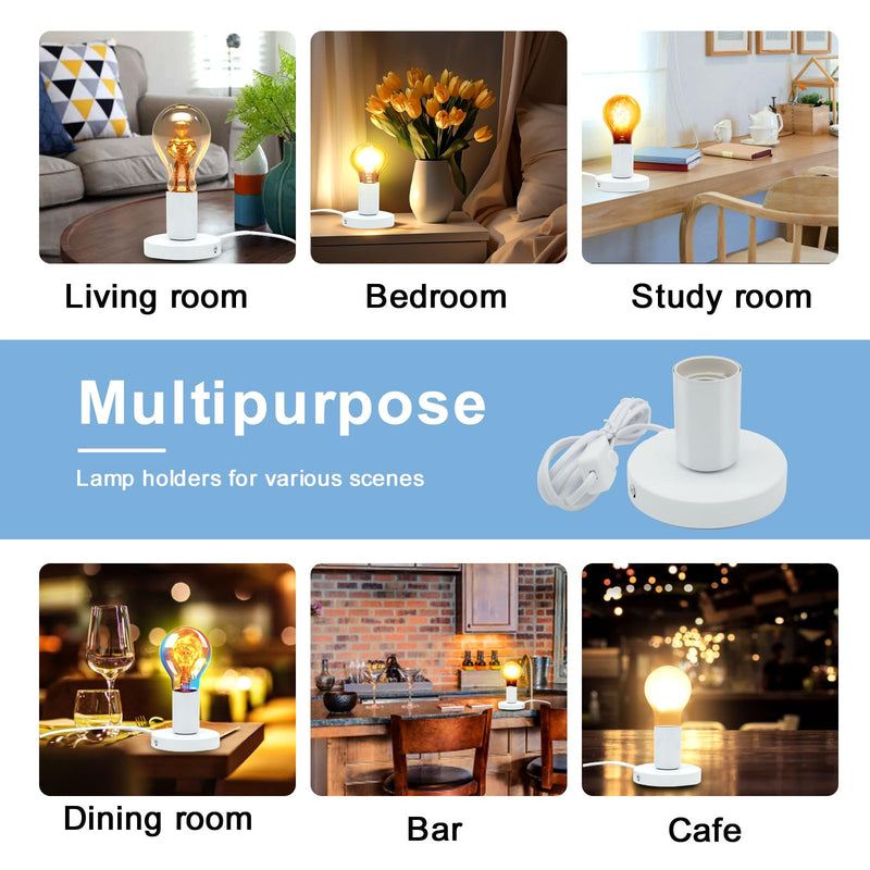 Industrial Table Lamp Base,Small Polished Metal Desktop Lamp Base Only,E26 E27 Screw Light Bulb Holder Base Lamp Replacement Base for Holding Bulb,6 Feet Cord on Off Switch Plug White 1 Pcs