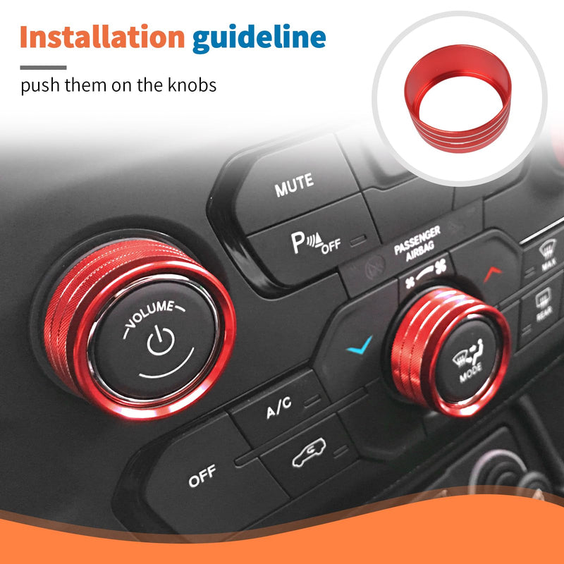 JeCar Red Aluminum AC Radio Knob Cover Fit for 2018-2022 Jeep Renegade Interior Accessories | Air Conditioner Audio Volume Switch Knob Trim for 2018+ Renegade