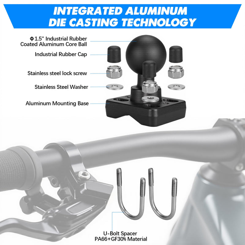 Double U-Bolt Fixed Base with 1.5" Ball. Suitable for Round Tubes and Half-Round Tubes with diameters ranging from 0.5in to 1.3in. Compatible C-Size 1.5-inch Ball Double Socket arm C-1.5"