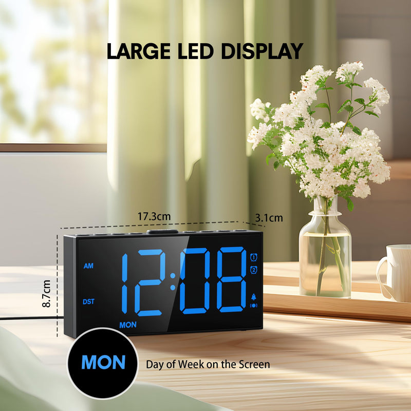 Mesqool Loud Alarm Clock for Heavy Sleeper, with Vibration for Hearing Impaired Deaf, Annoying Clock for Bedroom,USB Port,Dual Alarm with Snooze Blue Digits in Boldface
