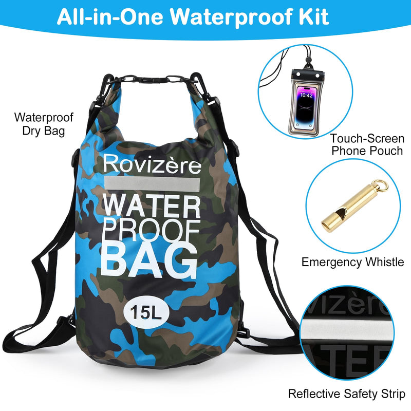 15L Waterproof Dry Bag, Camouflage Orange | Roll Top with Reflective Strip, Phone Pouch & Emergency Whistle, Backpack with Shoulder Strap, Lightweight Heavy Duty 15L