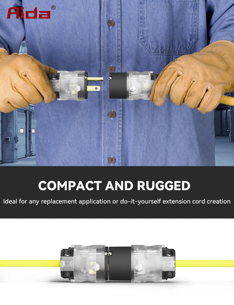 AIDA Lighted Plug and Connector Set, Straight Blade Cord End Replacement, 15 Amp 125Volt, NEMA 5-15P & NEMA 5-15R, 2 Pole 3Wire Grounding, Black, 1 Set