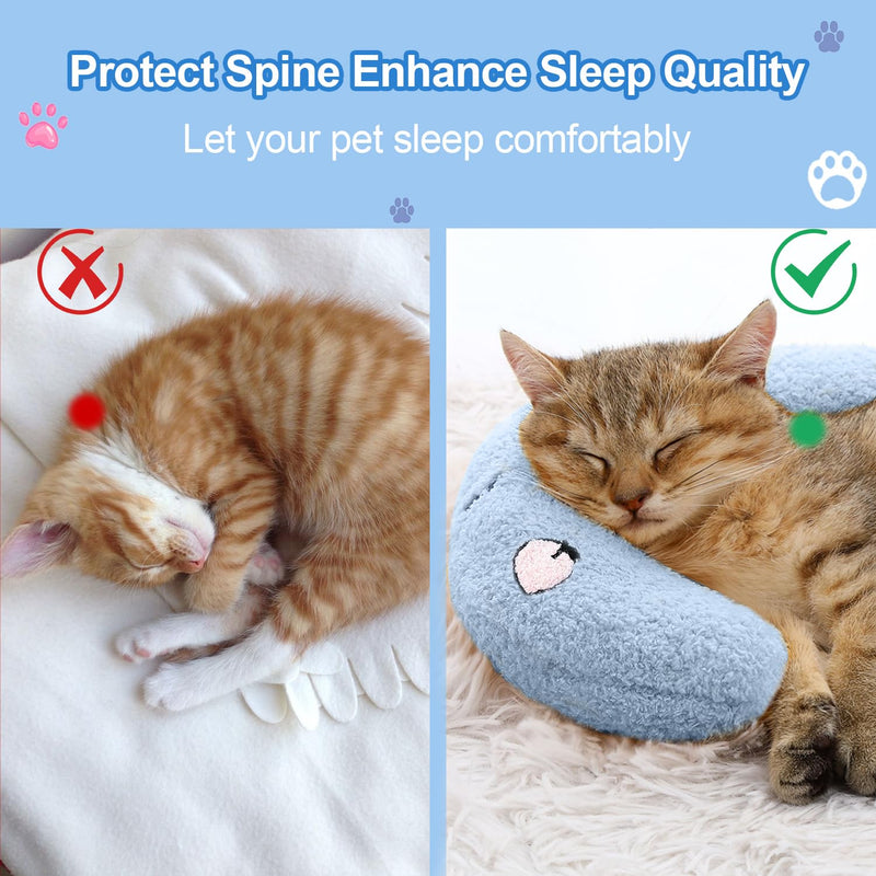 ucho Pillow for Cats, Soft Fluffy Cat Neck Pillow for Cat Bed, U-Shaped Pillow for Pet, Pet Calming Toy Half Donut Cuddler for Joint Relief Sleeping Improve Machine Washable- Blue