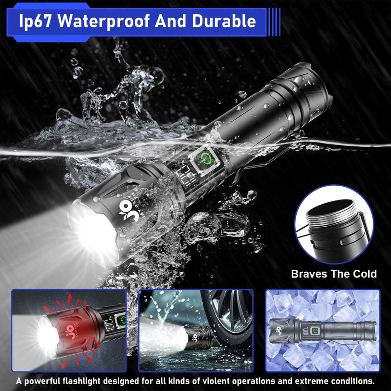 JAY-PARK High Lumen Flashlight - 100000 Lumens, Rechargeable 5000mAh with LCD Display, Zoomable Long Beam (3000m), IP67 Waterproof, 5 Modes & Belt Clip - for Camping, Dog Walking Black