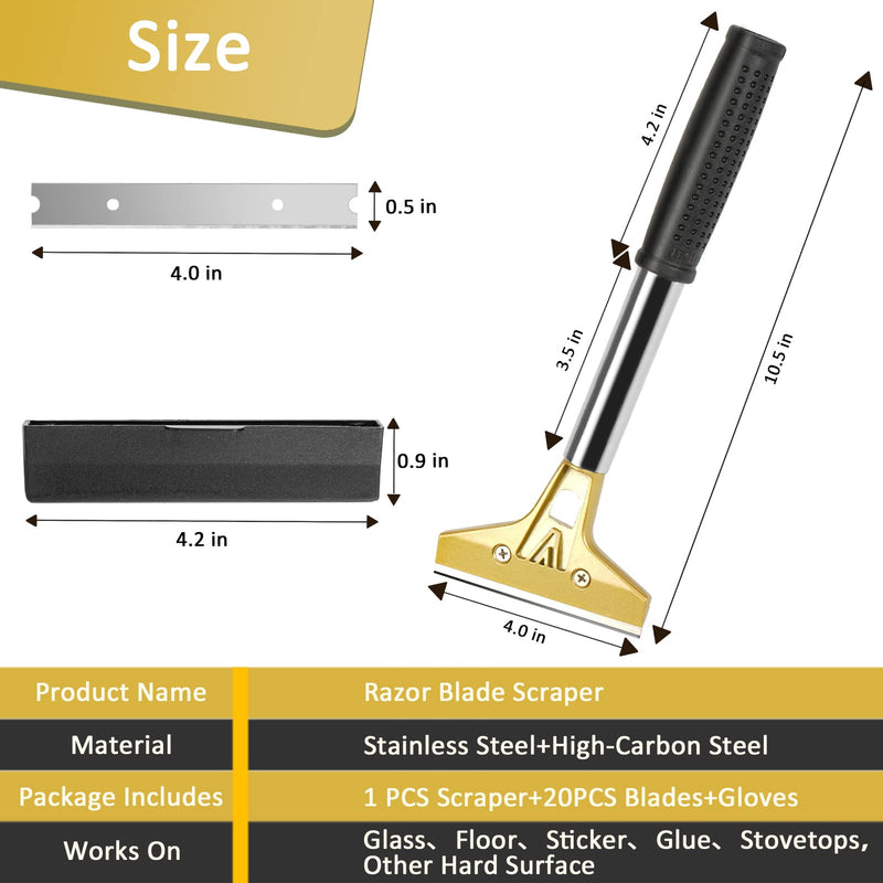Razor Blade Scraper, 4 In Floor Scraper Tool with 20PCS Extra Metal Blades, Paint Scraper Ideal for Cleaning Stove Top, Windows, Glass, Tiles, Wall, Labels…… 9.9 ounces