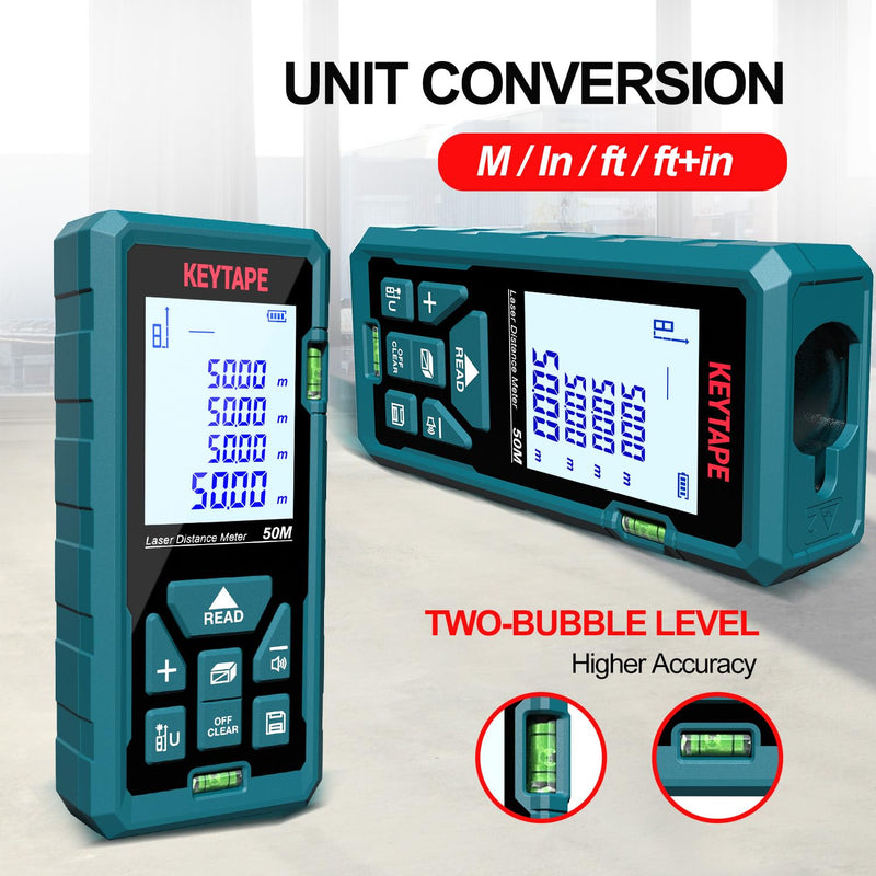 Distance Measuring Laser 165ft KEYTAPE Multifunction Measure Laser Ruler, Upgraded M/in/FT/FT+in Unit Switching Backlit LCD and Pythagorean Mode, DT50 Portable Handle Laser Distance Measurement Tool 50M/165FT