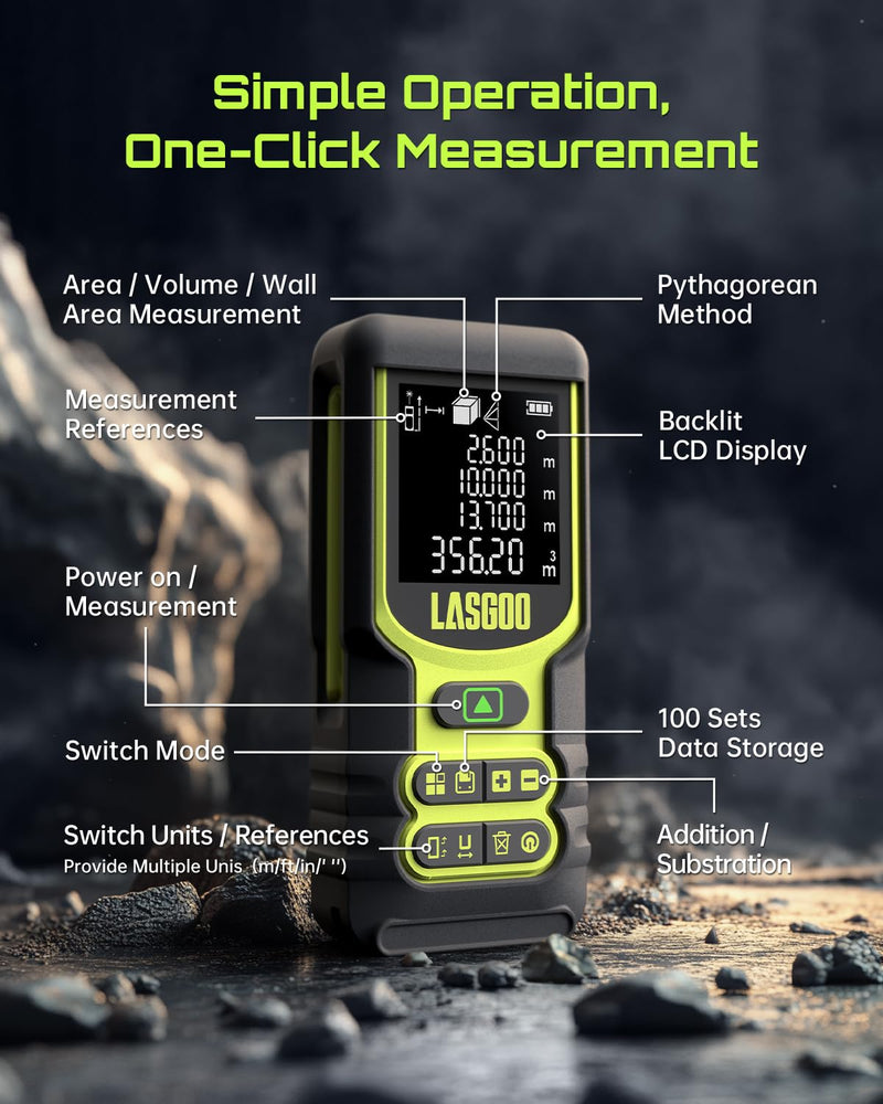 Laser Measure, LASGOO 60m/197ft Laser Measurement Tool, Laser Distance Meter with Ft/in/M Multiple Units, LCD Backlit Display, Pythagorean Mode, Area and Volume, Battery Included