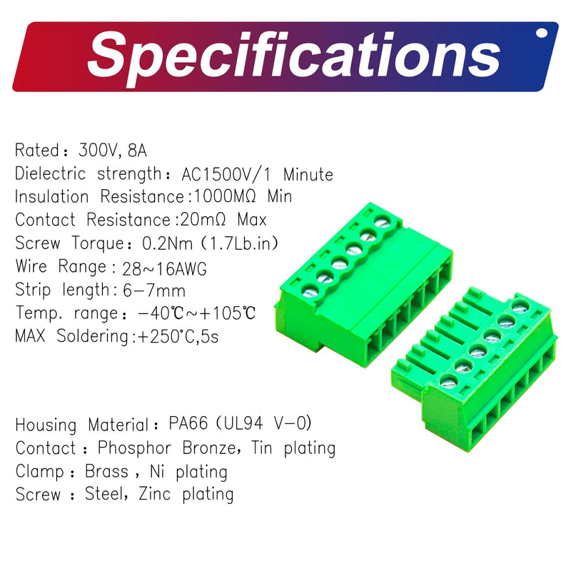 Tcenofoxy 3.81mm Male & Female 2/3/4/5/6/7/8/9/10/11/12/13/14/15/16/18/20/24 Pin Phoenix Connector No Soldering Green PCB Screw Terminal Block Connector (2Sets 3.81MF-6Pin) 3.81MM-6P-2Sets