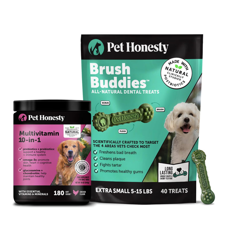 Pet Honesty Dog Wellness Virtual Bundle – 10-in-1 Multivitamin Supplement (Chicken, 180 Ct) + Brush Buddies Dental Sticks for Extra Small Dogs (40 Ct) – Daily Health & Dental Support